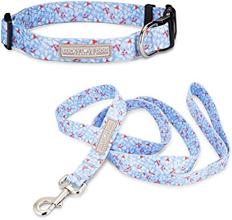 Lucky Love Dog Blue Winter Combo Set, Adjustuble Comfortable Dog Collar and Leash Set, Snowflake Christmas Combo Set for Medium Dogs - (Winterblue Combo, Medium)