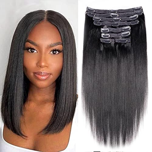 Yaki-Straight Clip in Hair Extensions Human Hair Clip ins For Women Clip on Hair Extensions Real Human Hair Brazilian Virgin Hair Extensions(14 Inch)