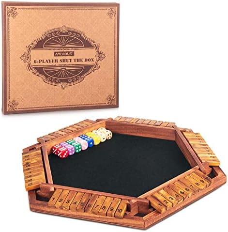 AMEROUS Upgraded 1-6 Players Shut The Box Dice Game, Wooden Board Table Math Game with 16 Dice for Kids Adults, Family Classroom Home Party or Pub