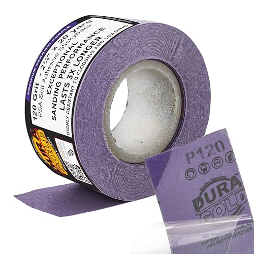 Dura-Gold Premium 120 Grit PSA Purple Film Ceramic Longboard Sandpaper, 2-3/4" Wide Continuous 20 Yard Roll - Self Adhesive Stickyback for Auto & Wood Air File Long Board Sanders, Hand Sanding Blocks