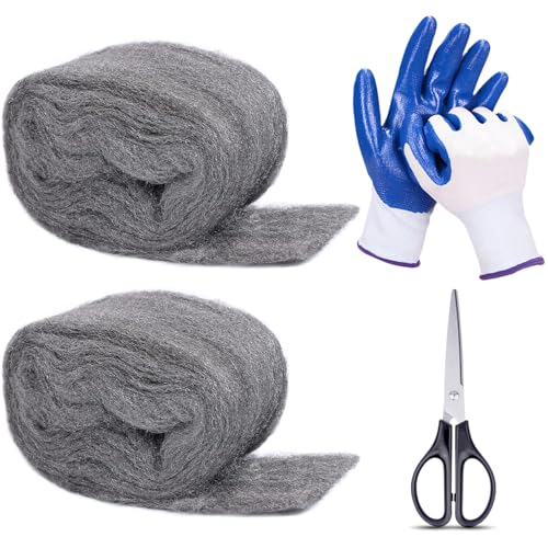 2Pack Steel Wool for Mice Control 3.2"x10.5 ft Wool, Gap Filler for Home & Garage, DIY Bundle with Gloves & Scissors