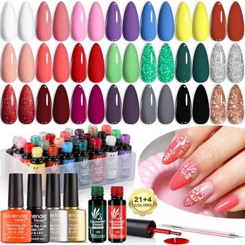 Lavender Violets Gel Nail Polish Set,UV LED Base,Glossy n Matte Top Coat,Blooming Gel Brush Pen Christmas Red Green Colors Sliver Glittery Gold White Pink Nail Art Women Beauty Gift 997
