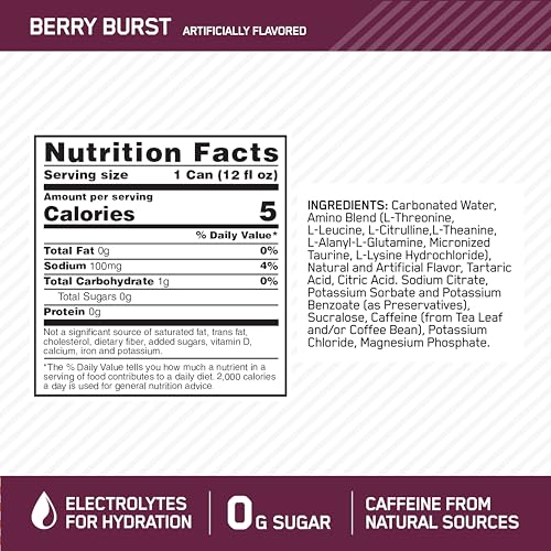 Optimum Nutrition Amino Energy Sparkling Hydration Drink, Electrolytes, Caffeine, Amino Acids, BCAAs, Sugar Free, Berry Burst, 12 Fl Oz, 12 Pack