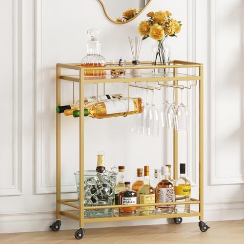 Lifewit Bar Cart, Home Serving Cart with 2 Tier Glass Shelves, Liquor Rolling Cart with Lockable Wheels, Glass Holder and Wine Rack, Beverage Cart for Kitchen Dining Living Room, Gold