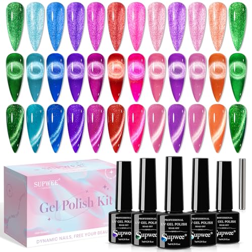 Neon Cat Eye Gel Polish Set with Magnetic, Sparkle Glitter Cateye Nail Polish Gel Holographic Magnetic Gel Polish Long Lasting Soak Off UV Gel for Professional Nail Salon or DIY at Home
