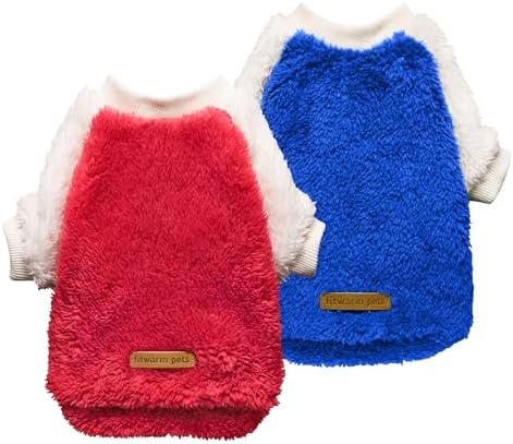 Fitwarm 2 Pack Fuzzy Fleece Dog Sweater, Thermal Dog Clothes for Small Dogs Boy Girl, Pet Cat Winter Outfit, Red, Royal Blue, XXL