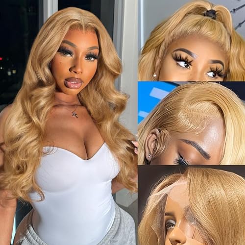 Honey Blonde HD Lace Front Wig Human Hair Pre Plucked With Baby Hair Blonde Body Wave Wig Human Hair 180% Density Honey Blonde Wig Human Hair 13x4 Lace Frontal Wigs 24 Inch