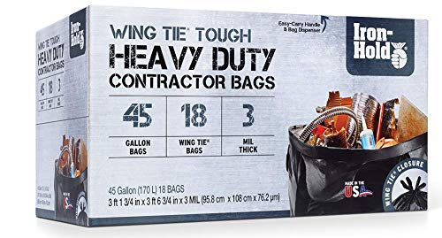 Iron-Hold Contractor Trash Bags - 45 Gallon, 18 Bags, Wing Tie Closure, 3 MIL Thick, Gusseted Bottom, Black - Heavy Duty Industrial Strength Garbage Bags