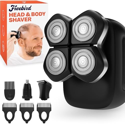 Freebird FlexSeries Pro Electric Head Shaver - Fast Smooth Head Shaver, Wet/Dry Shaving, Anti-Pinch, Rotary Electric Razor, USB Rechargeable, Cordless, 4 Flexible Blades, Ideal Gifts for Bald Men