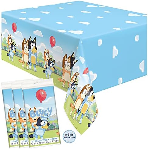 Unique Bluey Birthday Party Supplies - Rectangular Plastic Table Covers (Pack of 3) and Sticker