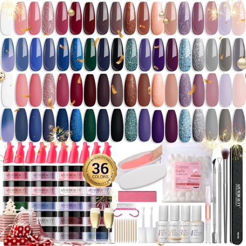 170Pcs Dip Powder Nail Kit, AZUREBEAUTY 36 Colors Brown Purple Christmas New Year Winter Dip Nail Powder Starter Set with Essential Liquid and Removal Accessories Set for French Nail Manicure Salon