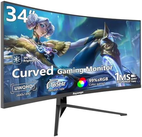 34 inch Ultrawide Curved Computer Gaming Monitor 165Hz UWQHD 3440x1440,1500R -PIP,1ms (MPRT),HDR, 300nits, sRGB99%,FreeSync,HDMI2.0(TMDS) x2,DP1.4 x2,Eye Care,Support