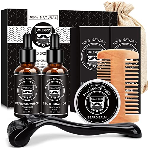MALE GOD Beard Growth Kit, Beard Kit W/Beard Growth Oil, Balm, Comb, Massager for Spot/Patchy Beard, Christmas & Birthday, Valentines Day Gifts for Him Boyfriend Husband