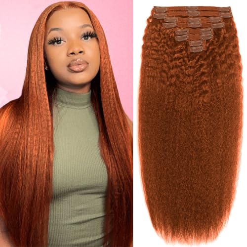 Kinky Straight Clip in Hair Extensions Real Human Hair 110g 8pcs 18clips Copper Real Hair Extensions Clip in Human Hair Clip ins Double Weft Human Hair Extensions for Women Hair (#350 18inch)