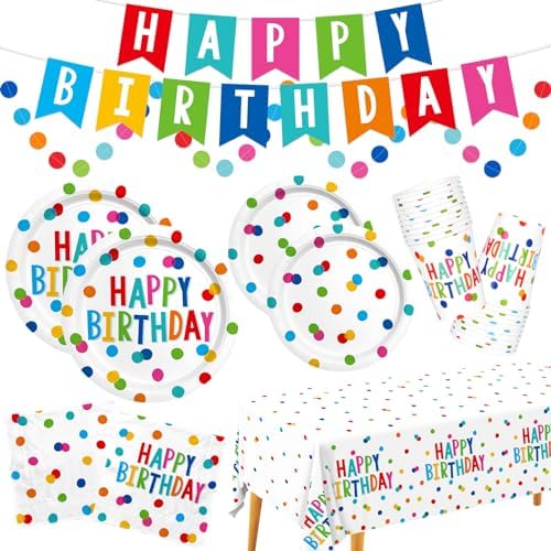 Happy Birthday Decorations: Happy Birthday Party Supplies Set with Birthday Dots Design- Includes Disposable Paper Birthday Plates and Napkins, Cups, Tablecloth, and Banner for Boys/Girls, Serves 25.