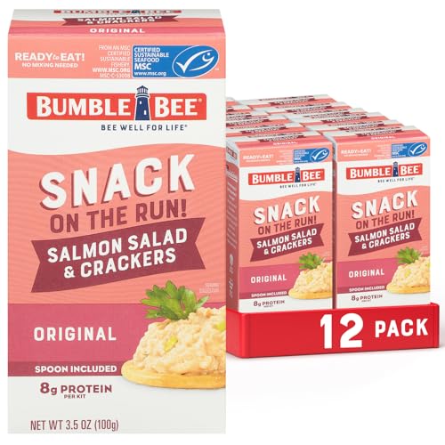 Bumble Bee Snack On The Run Salmon Salad with Crackers Kit, 3.5 oz (Case of 12) - Ready to Eat, Spoon Included - Wild Caught Salmon - Shelf Stable & Convenient Protein Snack