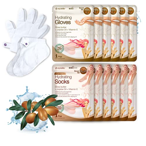 Epielle Hydrating Hand & Foot Masks (Glove & Socks 12pk) for Dry Hand, Dry & Cracked Heel | Spa Day | Shea Butter + Jojoba Oil + Vitamin E, Beauty Mothers Day Gifts