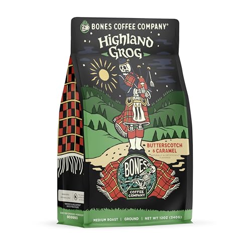Bones Coffee Company Decaf Highland Grog Flavored Coffee Beans, Medium Roast Ground Coffee Low Acid Decaffeinated, Butterscotch Caramel Flavor (12 oz)