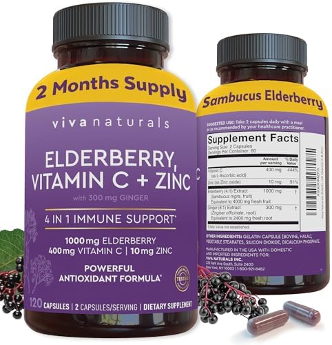 Viva Naturals Elderberry with Vitamin C and Zinc (120 Capsules) - 1000mg Sambucus Elderberry Immune Support Supplement, Black Elderberry Capsules for Adults, Elderberry Vitamins - 2 Months Supply
