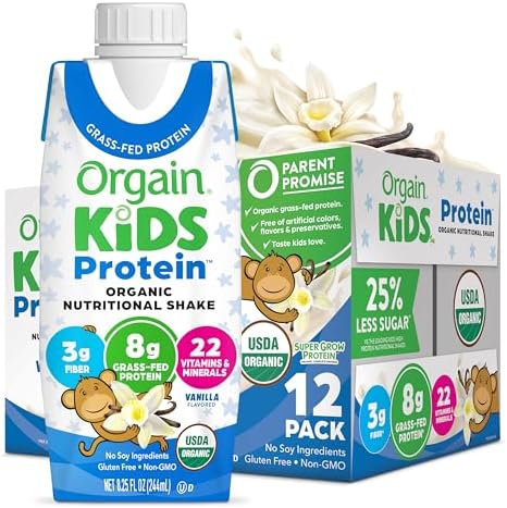 Orgain Organic Kids Nutritional Protein Shake, Vanilla, Healthy Kids Snacks, 8g Dairy Protein, 3g Fiber, 22 Vitamins & Minerals, No Soy ingredients, Gluten Free, Non-GMO, 8.25 Fl Oz (Pack of 12)