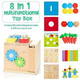 Kizfarm Wooden Montessori Baby Toys, 8-in-1 Wooden Play Kit Includes Object Permanent Box, Coin Box, Carrot Harvest, Shape Sorting & Stacking - Christmas Birthday Gift for Boys Girls Toddlers