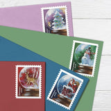 USPS Snow Globes (Booklet of 20) Forever Postage Stamps (A Snowman, Santa Claus Poised on a Chimney, a Majestic Deer, and a Christmas Tree) 2023 Scott #5816-5819