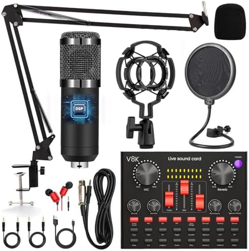 Podcast Equipment Bundle, Audio Interface with Cardioid Designer BM800 Mic for Gamer and All-in-One DJ Mixer, Perfect for Live Streaming, Singing, YouTube, Gaming