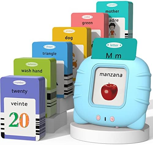 Spanish & English Talking Flash Cards for Toddlers 1 2 3 4 5 6, Audible Toys for Kids to Learn Spanish - 258 Cards and 516 Words(Blue)