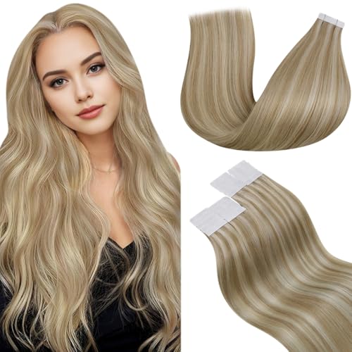 LaaVoo Blonde Hair Extensions Tape in Human Hair Tape in Extensions Golden Brown Highlights Light Blonde Tape in Human Hair Extensions Real Seamless 20pcs 50g 20inch