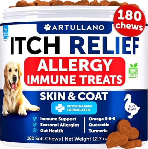 Dog Allergy Relief Chews - Itching Skin Relief for Dogs - Fish Oil - Omega 3 - Seasonal Allergies Pills - Skin & Coat, Anti Itch,Hot Spots Treatment - Canine Immune Health Supplement - 180 Soft Treats