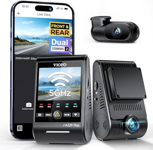 VIOFO A229 Plus Dash Cam Front and Rear, Dual STARVIS 2 Sensors, 2 Channel HDR, 1440P+1440P Voice Control Car Dash Camera, 5GHz Wi-Fi, Support 512GB Max, Voice Control, Ultra-Precise GPS