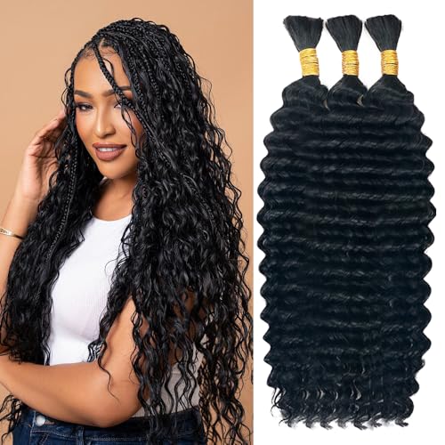 Deep Wave Bulk Human Hair For Braiding 150g Human Hair Braiding Hair For Boho Braids 100% Brazilian Virgin Human Hair Extensions 3 Bundles Wet and Wavy Human Braiding Hair (22inch, Natural Black)