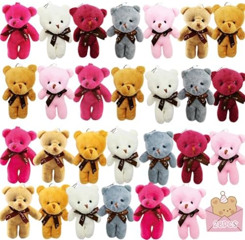 DINESIL 28Pcs Plush Bears, Mini Stuffed Animal Bear Plush Toys Keychains for Kids Classroom Exchange Gift, Game Prizes, Easter Party Favor Supplies