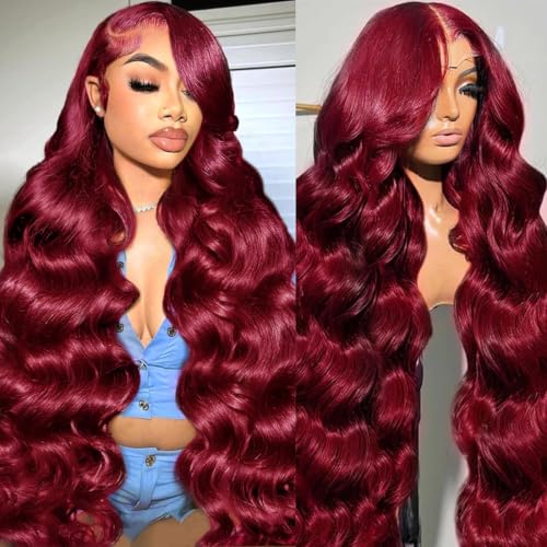 99J Burgundy Wig Human Hair 13x6 Body Wave Lace Front Wigs Human Hair 180% Density 99j Burgundy Lace Front Wigs Human Hair Red Wine Glueless Wigs Human Hair Pre Plucked for Women 18 Inch