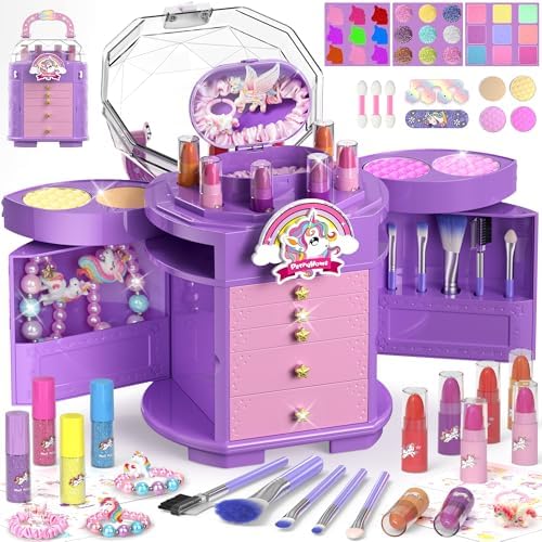 PERRYHOME Kids Makeup Set for Girls, 63 Pcs Real Washable Non-Toxic Cosmetic Toddler Make Up Kit, Unicorn Kids Makeup Toys Christmas & Birthday Gifts for Girl 3-12(Purple)