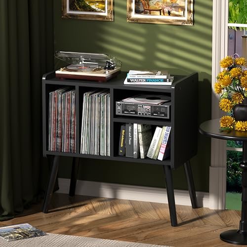 Record Player Table, Mid-Century Record Player Stand with Vinyl Storage Hold Up to 150+ Albums, Vinyl Record Cabinet with Adjustable Shelves, Wood Turntable Stand for Music Living Room (Black)