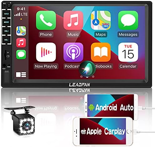 Leadfan Double Din Car Stereo with Apple Carplay and Android Auto, 7 Inch HD Touchscreen Car Audio Receivers Car Stereo with Bluetooth, Voice Control, MirrorLink, Camera, FM Radio/USB/TF/AUX/Subwoofer