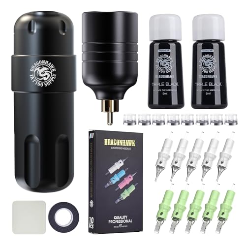 Dragonhawk Complete Tattoo Gun Kit Cordless Tattoo Machine Pen Kit Beginner Pro Tattoo Kit Cartridges Needles Coreless Motor 3.5mm Stroke Length