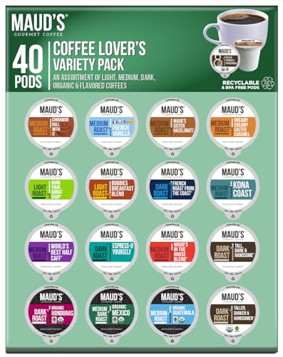 Maud's Coffee Lovers Variety Pack Coffee Pods, 40 ct, 16 Assorted Flavors, Flavored Coffee in Recyclable Single Serve Pods – 100% Arabica Coffee, Compatible with Keurig K Cups Maker