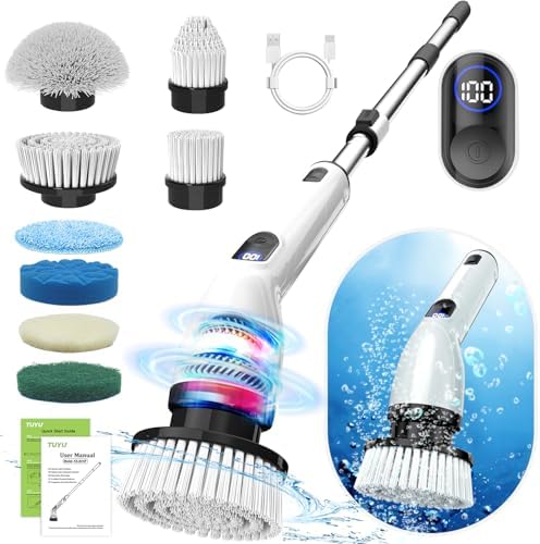 TUYU Electric Spin Scrubber, Full-Body IPX7 Waterproof Bathroom Scrubbe with Power LCD Display,8 Replacement Head for Adjustable Extension Handle Electric Cleaning Brush for Bathroom, Tub, Tile