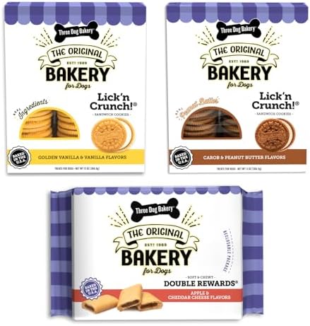 Three Dog Bakery Classic Cookies Variety Pack Premium Treats for Dogs, Carob/Peanut Butter, Golden/Vanilla, & Double Reward, 36 Ounces, (Pack of 3)