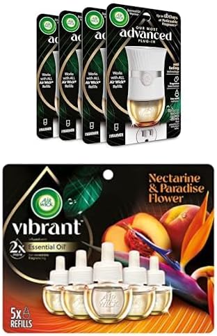 Bundle of Air Wick Advanced Plug In Scented Oil Warmer, Advanced Gadget (Pack of 4, Gadget Only, Refills Sold Separately) + Vibrant Plug in Scented Oil Refill, 5ct, Nectarine & Paradise Flower