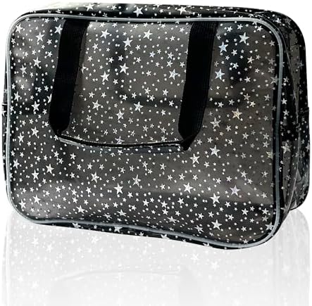 Black Holographic Star Cosmetic Bag for Women 11.8x5.1x8.2 Inches Portable Travel Toiletry Bag with Handles,Durable PVC Material,Zipper Design-Ideal Large Clear Makeup Organizer