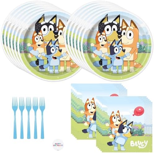 Unique Bluey Birthday Party Supplies Set for 16 Guests - Bluey Plates and Napkins, Forks, Sticker - Birthday Decorations, Party Decorations