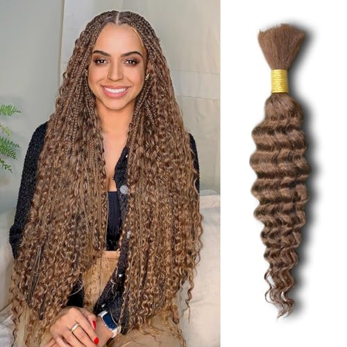 30# Auburn Brown Human Braiding Hair 16 Inch 50 g 1 Bundle Deep Wave Bulk Human Hair for Braiding Curly Human Hair for Boho Braids Wet and Wavy Hair Extensions No Weft Micro Braiding Hair