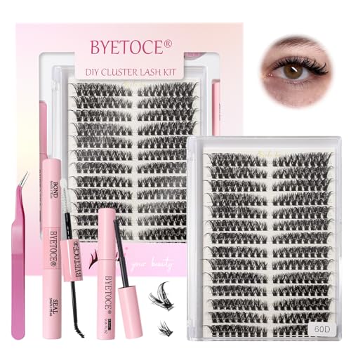 60D Natural Lash Clusters Lash Extensions Kit 252 Pcs Fluffy Eyelash Clusters DIY Individual Lashes Extensions D Curl Left & Right Eyelash Cluster with Bond and Seal and Tweezers