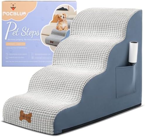 Dog Stairs for Small Dogs, Wide Pet Step with Removable Cover, No Assembly High Density Foam Cat Ramp for Bed or Sofa, 4-Step, Grey