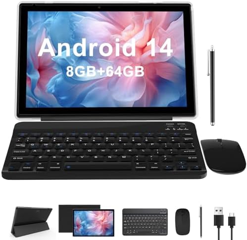 2 in 1 Tablet 10 Inch Android 14 Tablets, Tablet with Keyboard, Mouse, Case, Stylus, 8GB RAM 64GB ROM Supports 1TB Expansion Tab, 2MP+8MP Dual Camera, 6000mAh Battery, 10.1" HD Tableta