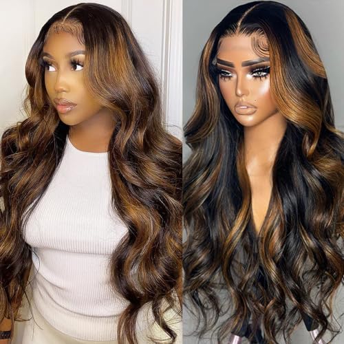 Highlight Lace Front Wig Human Hair Pre Plucked 1B/30 Body Wave 13x4 Ombre Lace Front Wig Human Hair Colored Ombre Wig Human Hair 200% Density Brown HD Lace Frontal Wigs Human Hair 26 Inch