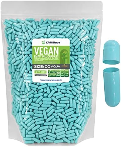 XPRS Nutra Size 00 Empty Capsules - 5000 Count Empty Vegan Capsules - Vegetarian Empty Pill Capsules- DIY Vegetable Capsule Filling- Veggie Pill Capsules Empty Caps (Aqua)